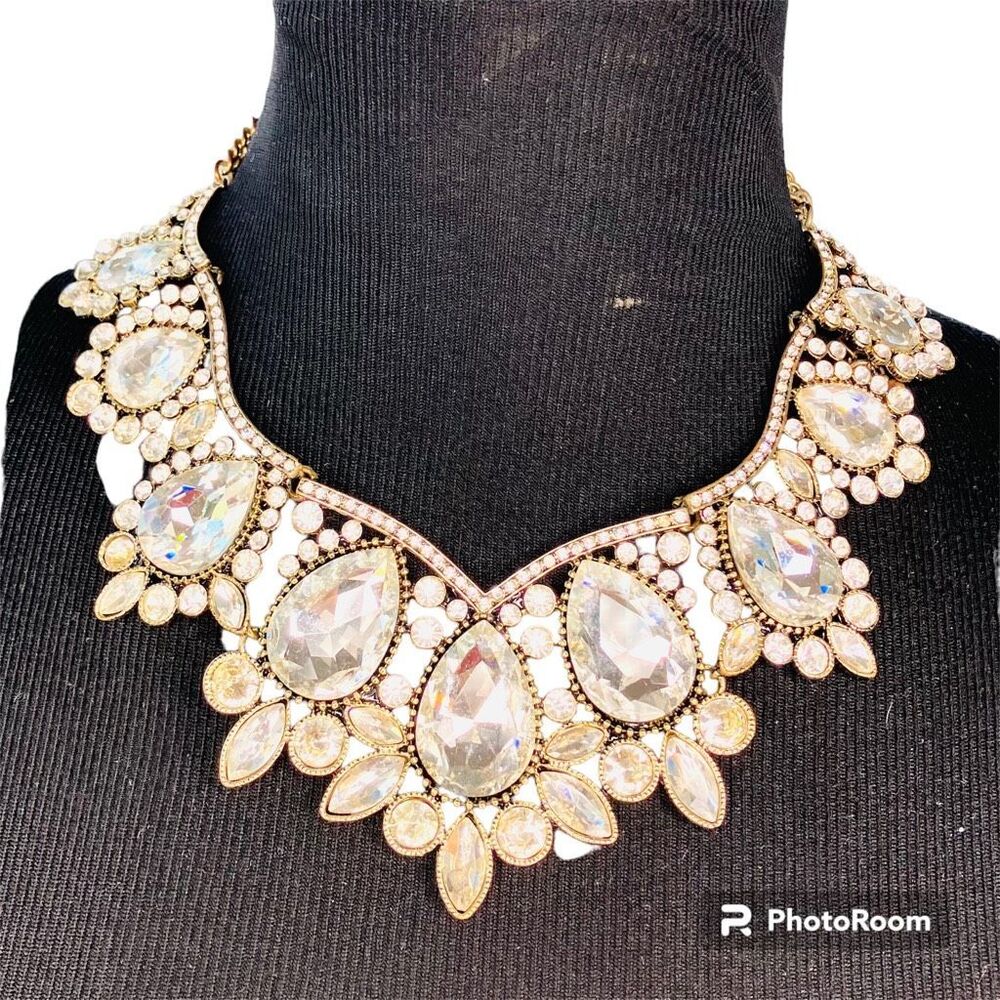 Antique Gold Tone Crystal Rhinestone Bib Statement Necklace Bridal Glam